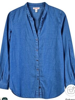 Eileen Fisher Blue Organic Linen Button Down Tunic Shirt